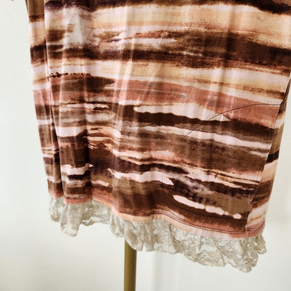 LOGO Lori Goldstein Short Sleeve Lace Hem Tunic Top Womens Size Medium Brown - Picture 3 of 7